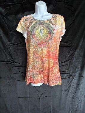 Mossimo supply co. Orange multicolor print, t shirt, sizeXL